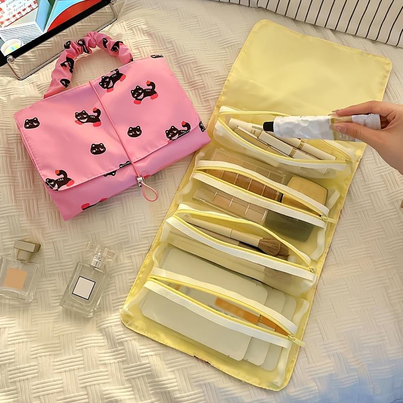 Women's Large Capacity Cosmetic Organizer Bag Cute Dog Pattern Travel Makeup & Shopping Tote, Durable Fabric Handles, Portable Cosmetics Storage