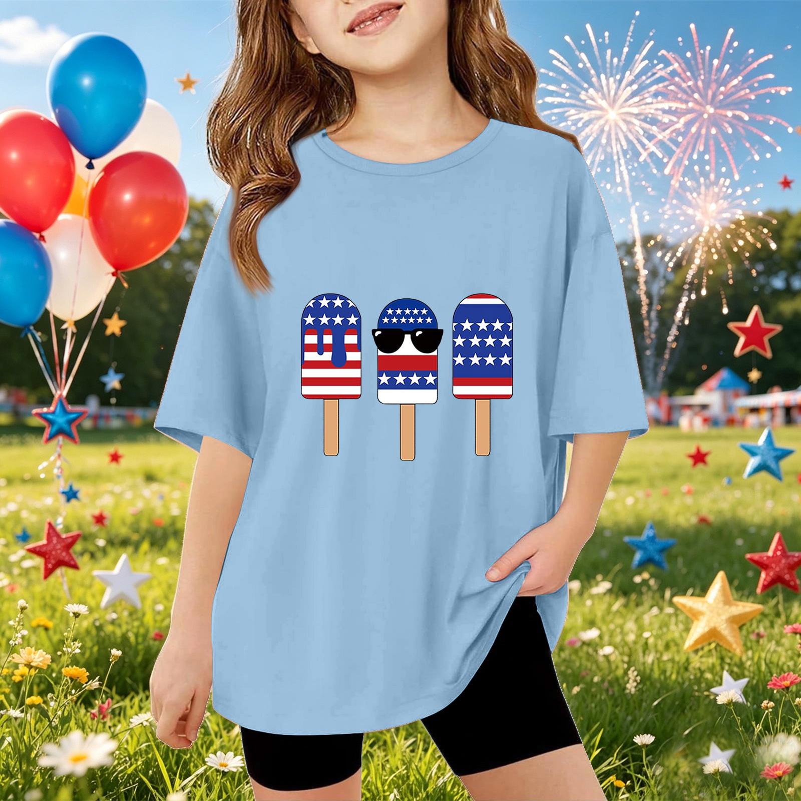 

Kids Short Sleeve T Shirt Independence Day Printed Top Casual Fit Lightweight Tee for Boys and Girls Summer Wear 120 синій