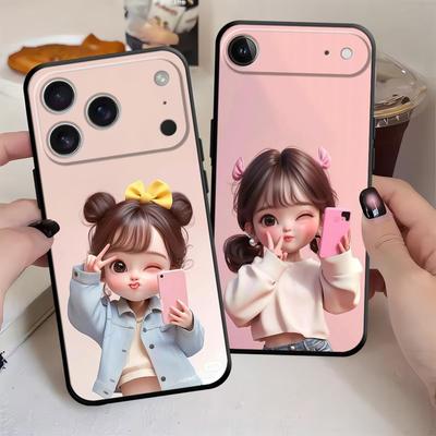 Cartoon Cute Girl Case for iPhone 7 8 15 16 14 Plus Air XS Max XR 13 12 11 17 Pro Max Black Soft Phone Cover