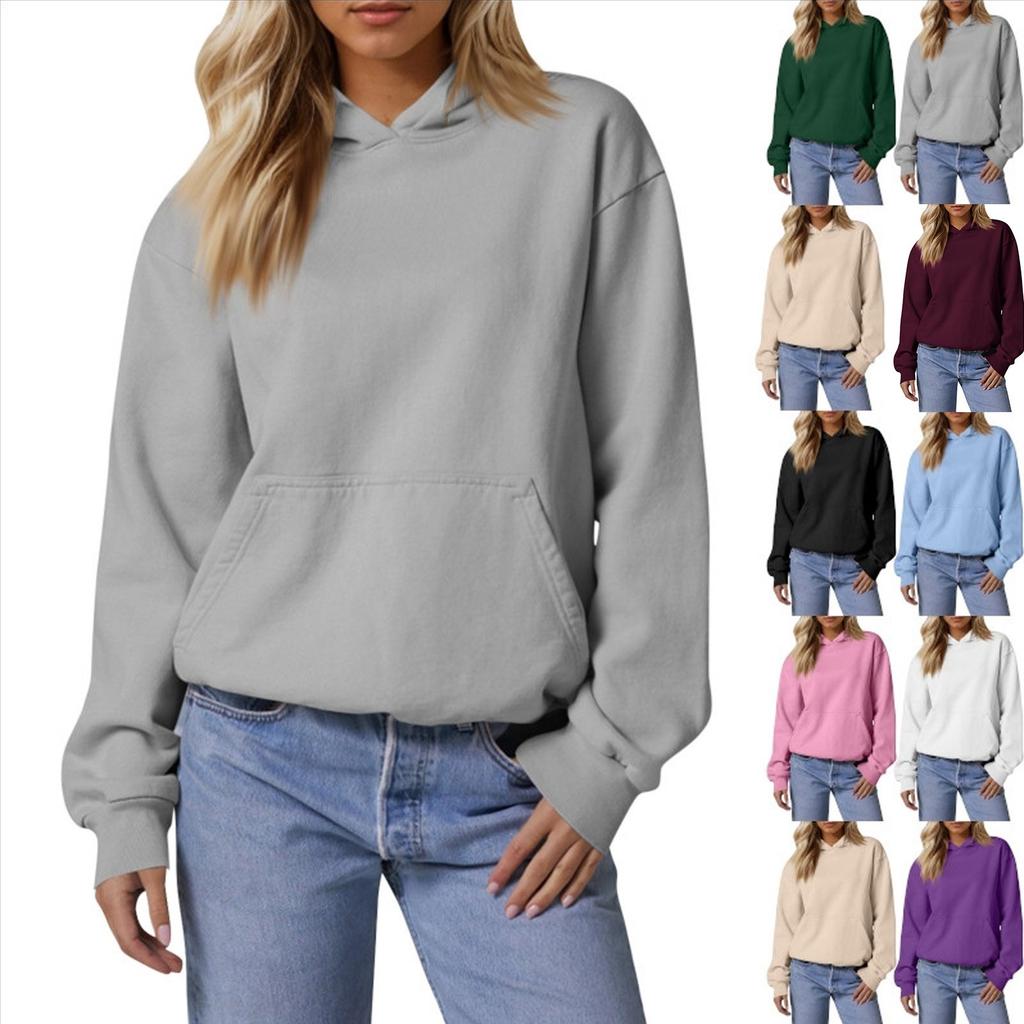 Women'S Loose Long Sleeve Sweatshirts Blouse Causal Fashion Solid Color Pullover Hooded Sweatshirts Top With Pocket