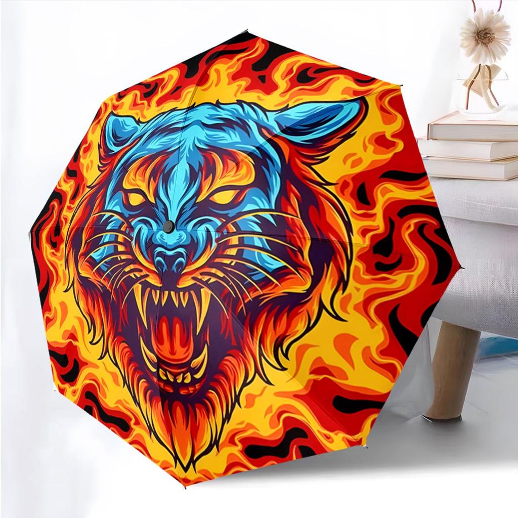 Open/Close Portable Folding Umbrella with Tiger Flame Design - Raining/Gleaming Umbrella Suitable for Travel, Backpack, Holida