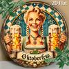Hisun Tin Sign Vintage Oktoberfest Beer Girl Retro Metal Tin Painting Rustic Distressed Bavarian Festival Round Wall Art Decor Classic German