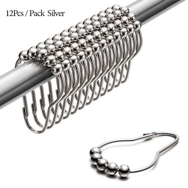 12pcs/set Stainless Steel Curtain Hooks Bath Curtain Rollerball Shower Curtain Rings Hooks 5 Rollers Polished Satin Nickel Ball