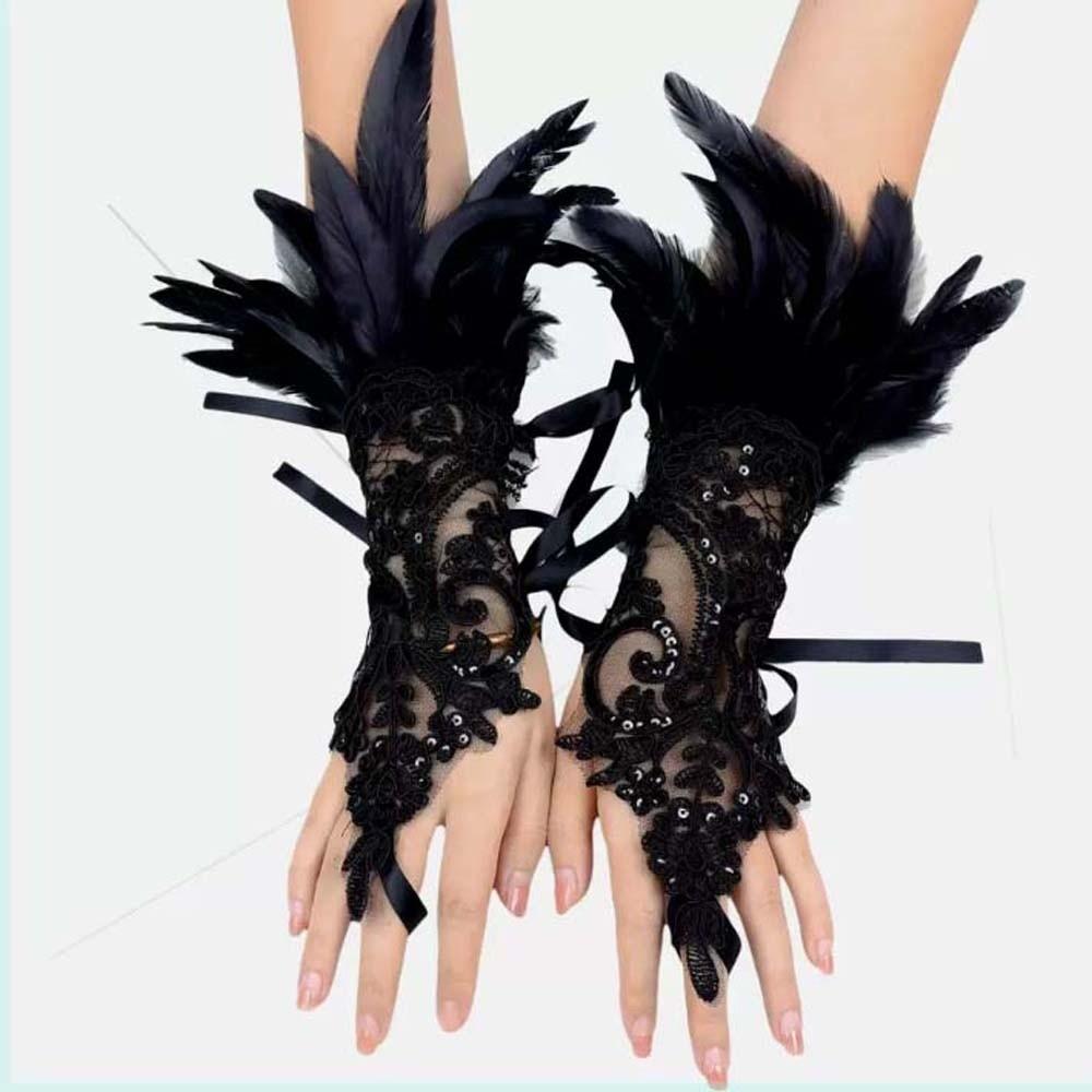 Wristband Feather Lace Glove Embroidery Women Halloween Cuffs Halloween Feather Gloves Carnival