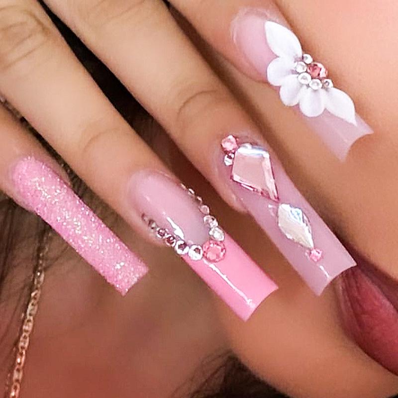 

Elegant Rhinestone Flower Nail Patches - Removable Long Transparent Design