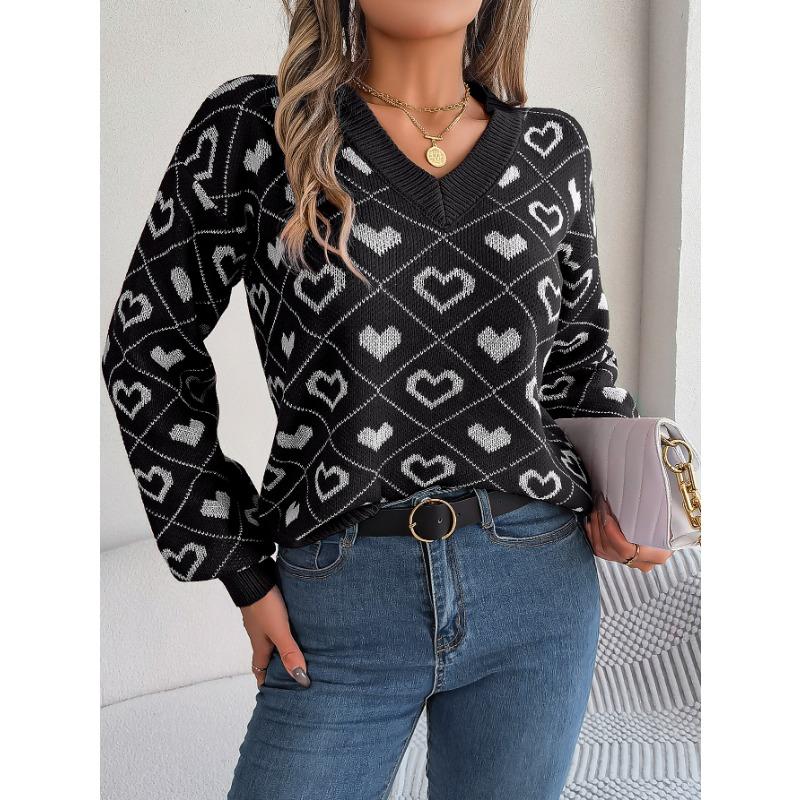Women's Autumn and Winter Sweet Color Collision Love Lantern Sleeve Pullover Sweater