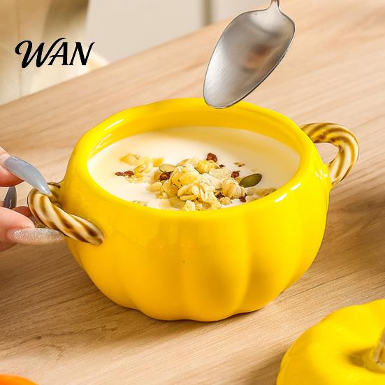 Ciotola da Zuppa con Coperchio, Manico Doppio, Zucca, Adatta al Microonde, Decorativa, Pratica, Regalo Cucina per Casa, Ciotola in Ceramica, Pentola Resistente al Calore per Stufati