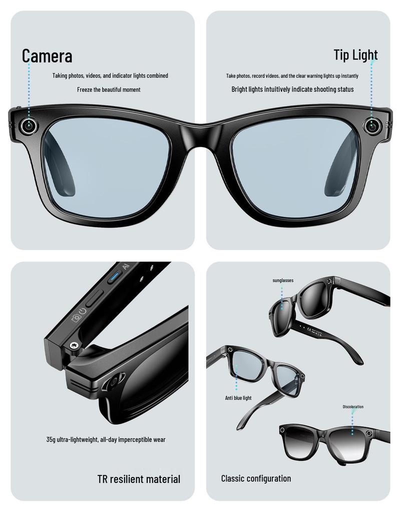 AI Smart Glasses: Video Recording, Bluetooth Audio, Call Support, 8MP Camera, Auto Translation, Color-Changing.