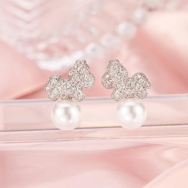 

925 Sterling Silver Jewelry Crystal Horse Pearl Stud Earrings for Women Wedding Party Jewelry for Girls Friend Gift серебряный
