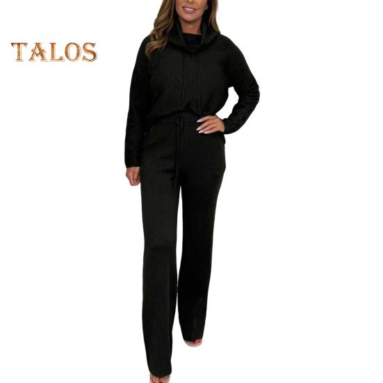 

2 шт./комплект женский топ брюки костюм высокий воротник длинный рукав однотонный спортивный свитшот завязывающийся на шнурок эластичный пояс широкие брюки фитнес-костюм M чёрный