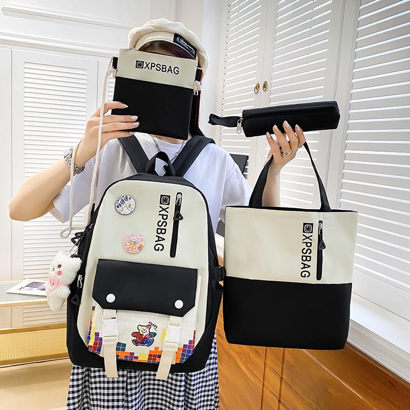 School Bag Campus Backpack Four-piece Contrasting Color New Primary School School Bag Female Large-capacity Junior High School Backpack