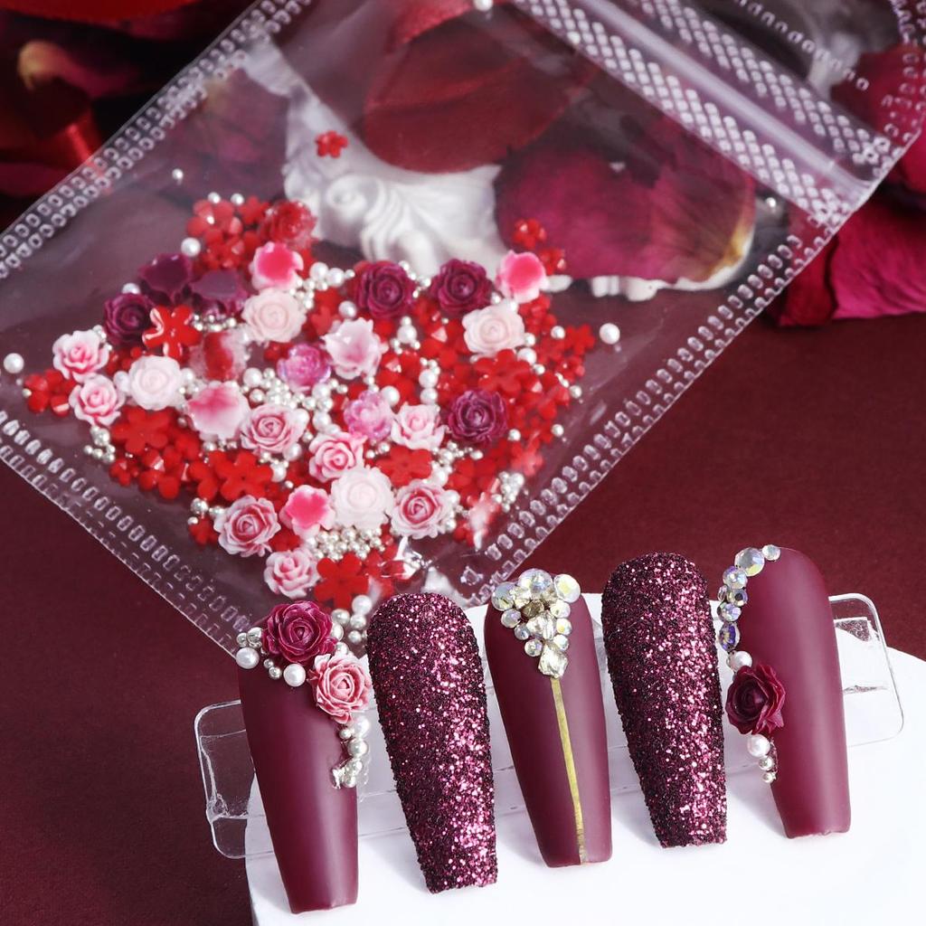 Valentine's Day Mixed Color Center Small Rose Nail Decoration Accessories, Red Acrylic Small Flower Silver Beads for Making Charming Nail Products