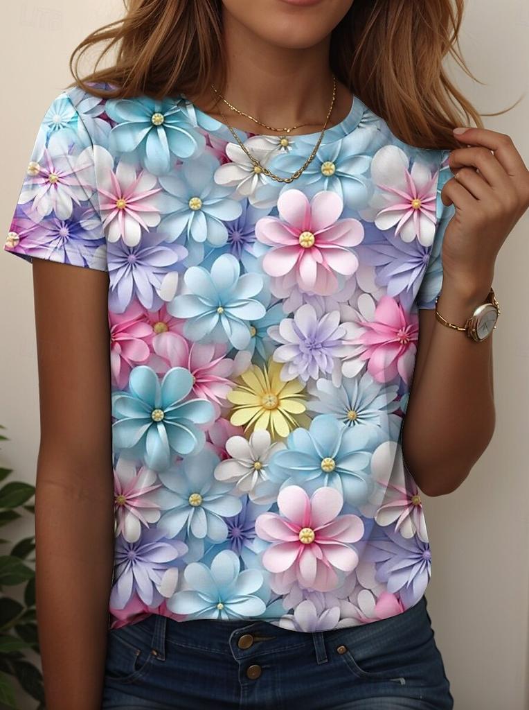 2026 Women's T Shirt Floral Graphic Fashion Stylish Classic Short Sleeved Crew Neck Regular Tops Daily Weekend Prints Summer