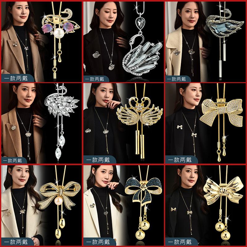 Suijue Pearl Sweater Chain Two Wear Crystal Flower Long Necklace Titanium Steel National Style Two Wear Function