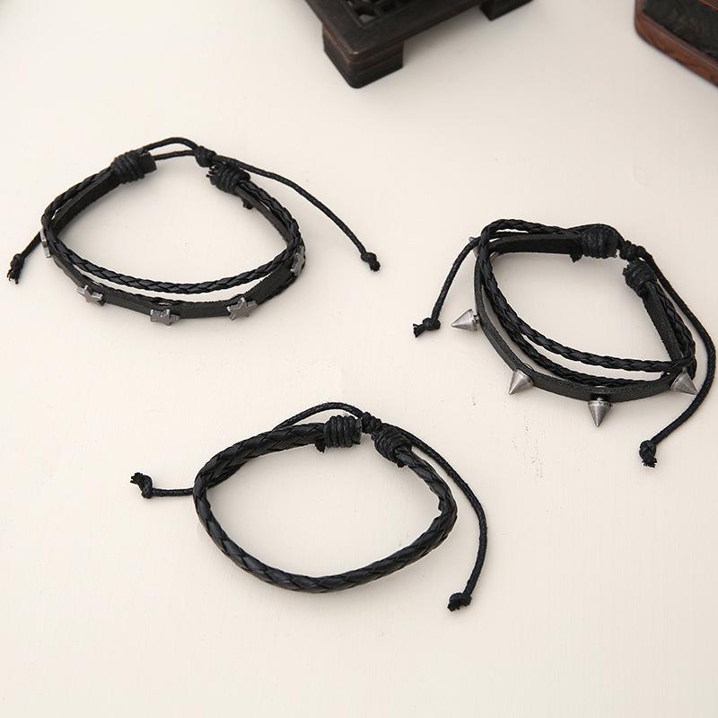 Ensemble de bracelets punk rétro pour hommes: Bracelets ajustables 5 pièces en cuir de vachette tissé à la main et corde cirée