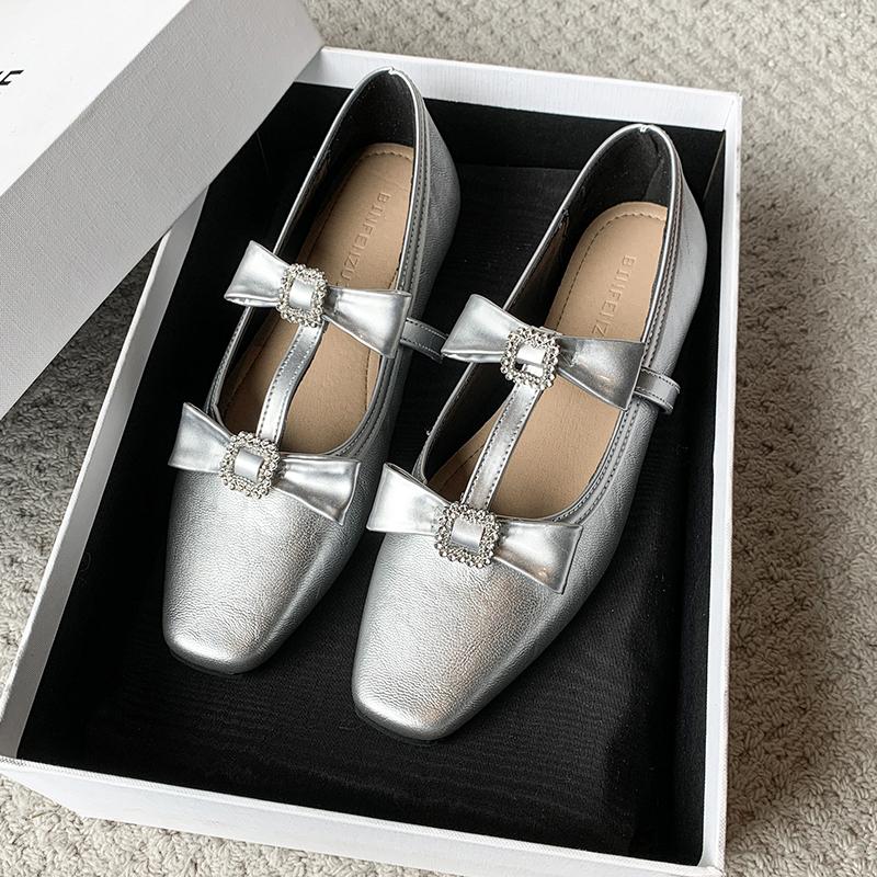 Fashion Flat Shoes Spring New Square Head Shallow Mouth Crystal Buckle Butterfly Knot Set Foot Soft Sole Non-slip Single Shoes