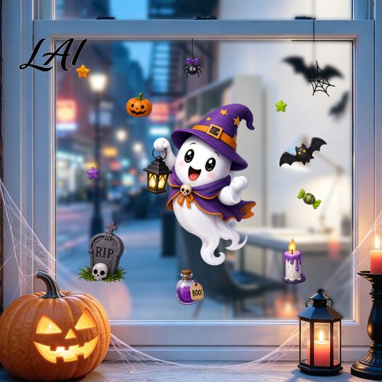Reusable Decorative Window Sheets Halloween Static Clings Spooky Ghost Floral Skull Stickers Cling Decals for Glass No-Adhesive Party Indoor Outdoor