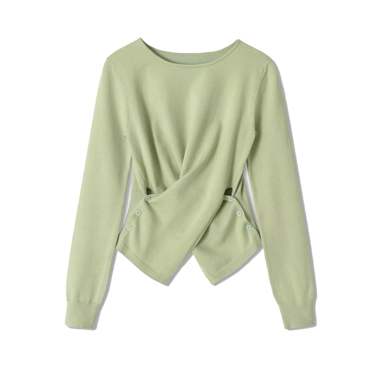 European and American style, new women s clothing, long-sleeved round neck asymmetrical hem knitted sweater 3920255 S
