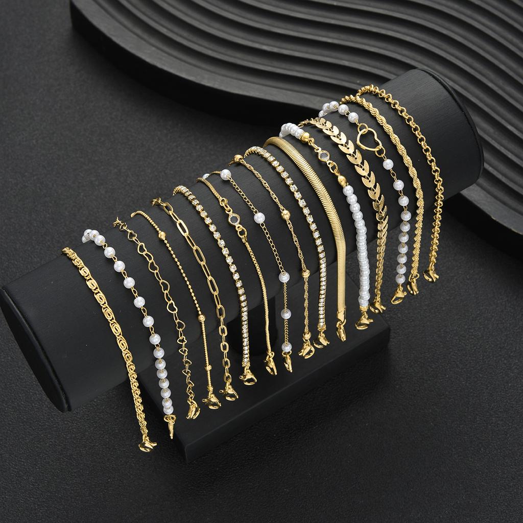 16pcs Minimalist Heart Pearl Rhinestone Snake Chain Bracelet Set for Women Elegant Gold Color Dates Vacations Daily Wear Jewelry
