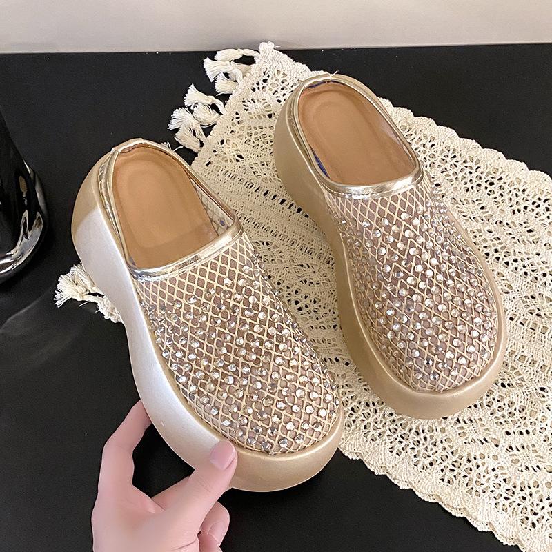 

Стразы на толстой подошве, шлепанцы с закрытым носком, женская летняя обувь, полушлепанцы, 2025 новые цветные бриллиантовые балетки 40 золотой