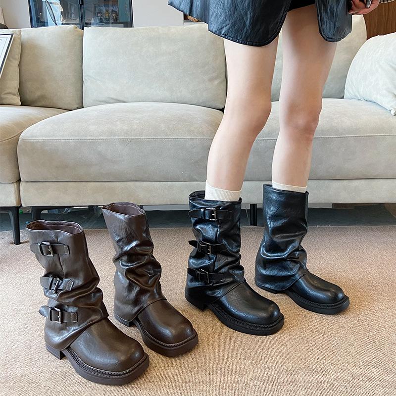 25-921 Retro Thick-heeled Medium Boots Knight Boots 2025 Spring and Autumn New Thin Piled Small Short Boots Niche Women's Shoes
