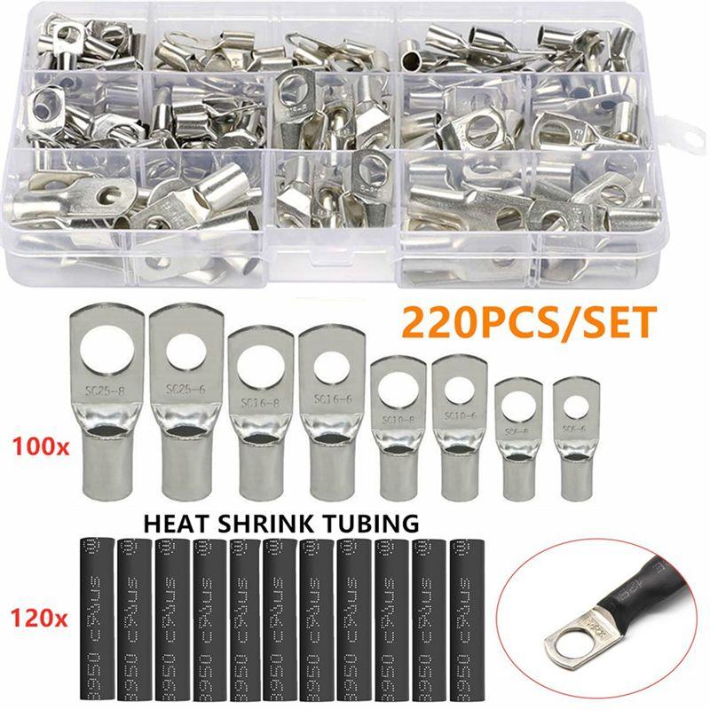 BHBL 100PCS Peeking Copper Tube Terminal Copper Nose Terminal + 120PCS Black Heat Shrinkable Tube