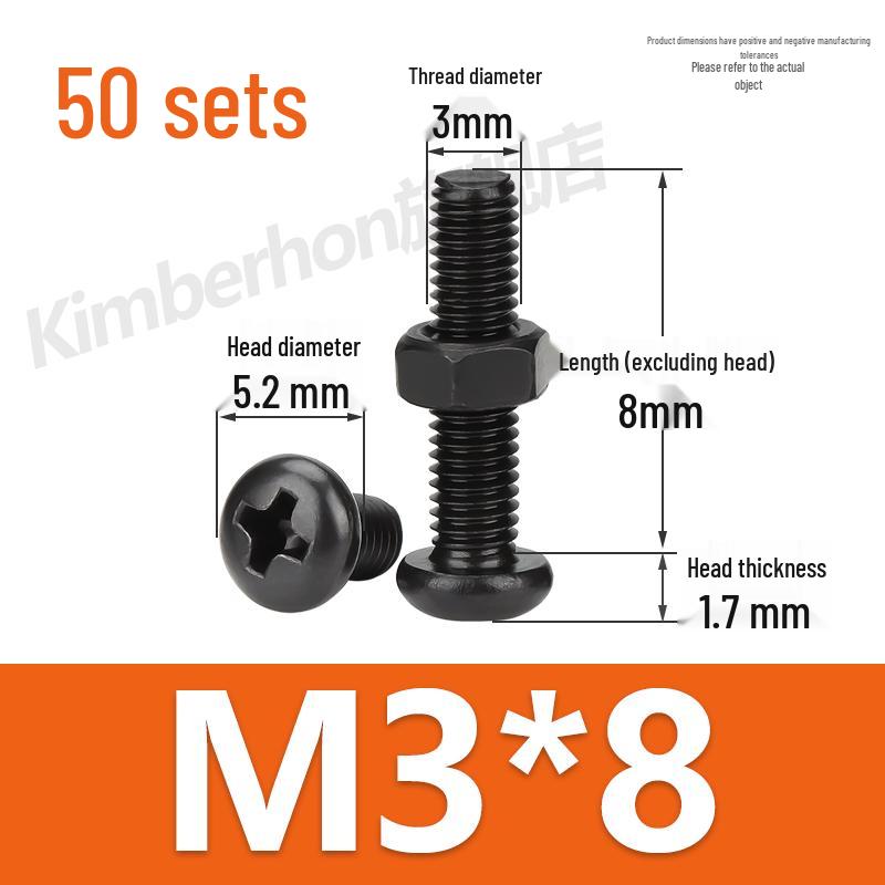 Complete Set of Black 304 Stainless Steel Phillips Round Head Screws and Nuts - M2M3M4M5M6MM.