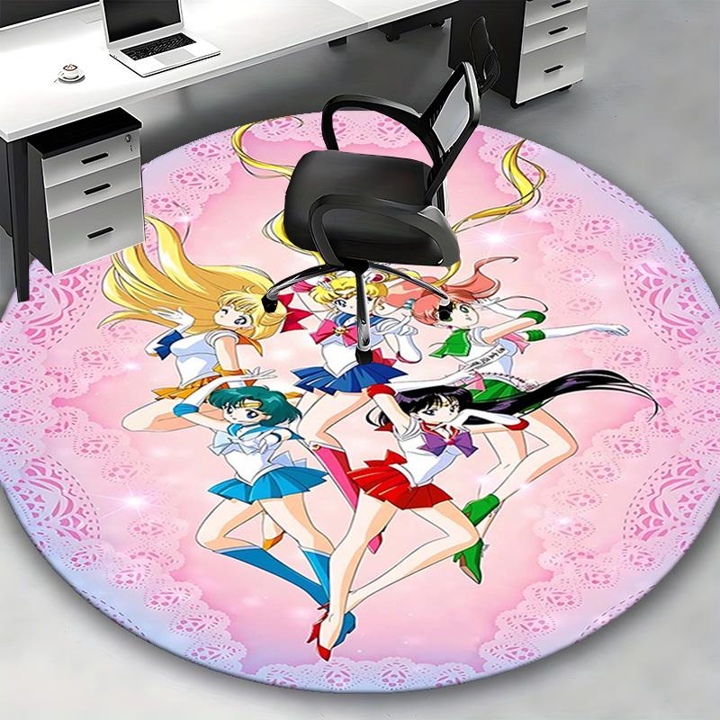 1pc Sailor Moon Anime Cartoon Design Round Carpet Office Chair Mat, NonSlip Rug for Home Decor, Living Room, Bedroom