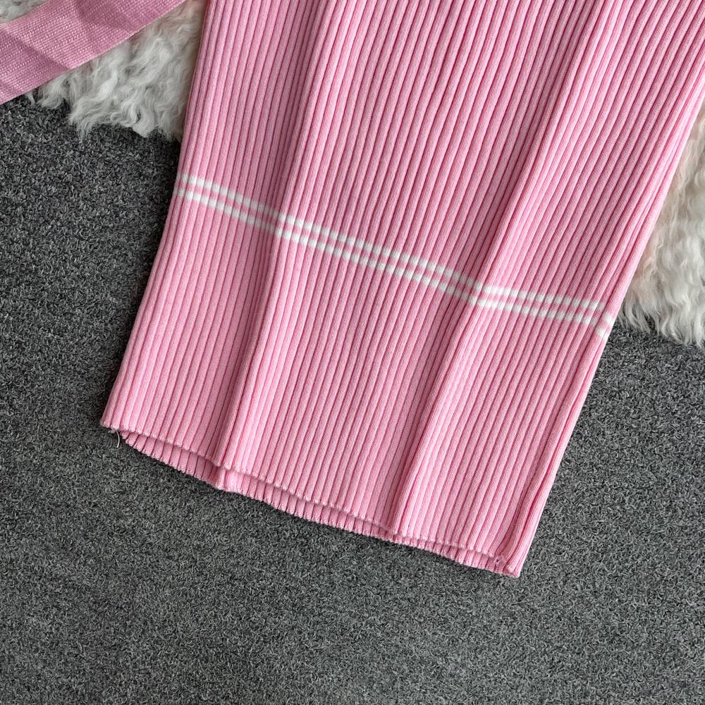 Women Dress  Autumn Winter Elegant Rib Knit Long Pencil Dress with Belt Office Lady Bodycon Sweater Dress