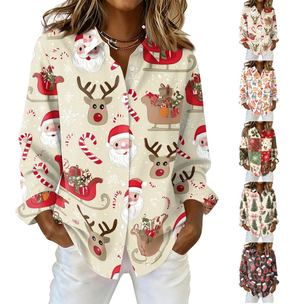 Women's Casual Christmas Print Long Sleeve Cardigan Top for Holiday Festive Wear