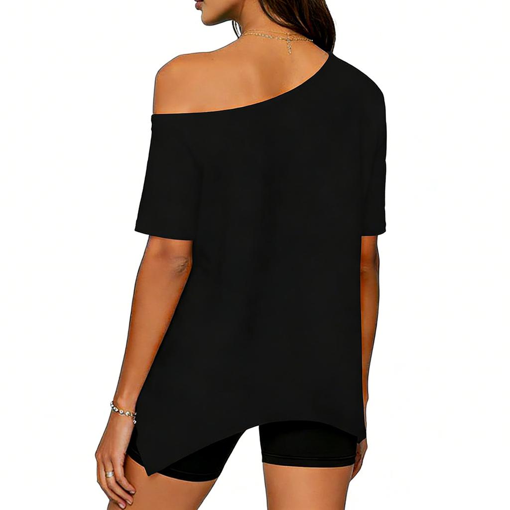 Women's Casual Off-shoulder Short-sleeved Asymmetric Hem Casual T-shirt Top
