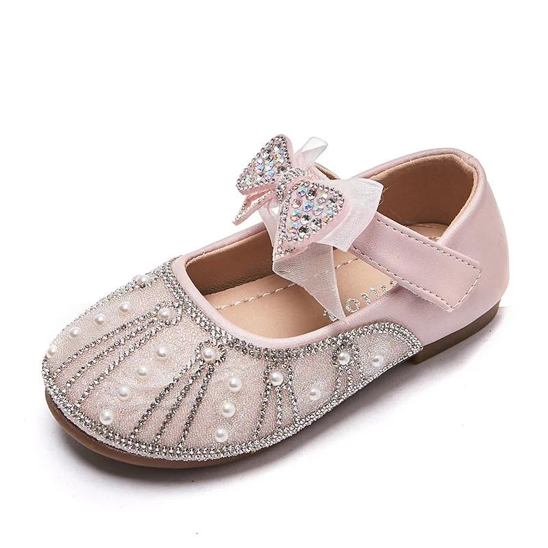 Girls Shiny Crystal Performance Shoes 2024 Spring New Children's Mesh Bow Flats Sweet Princess Fashion Shoes Elegant Temperament