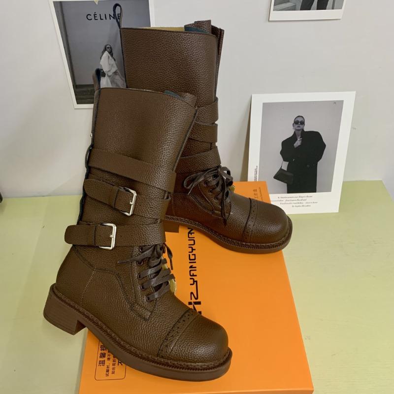 Cowhide Niche Leather Retro Mid-range Western Boots Women's Thick Heel Handsome Locomotive Boots Martin Boots Slim Knight Boots