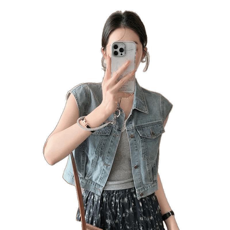 Women's Petite Retro Blue Denim Vest – Early Summer Layering Gilet Top