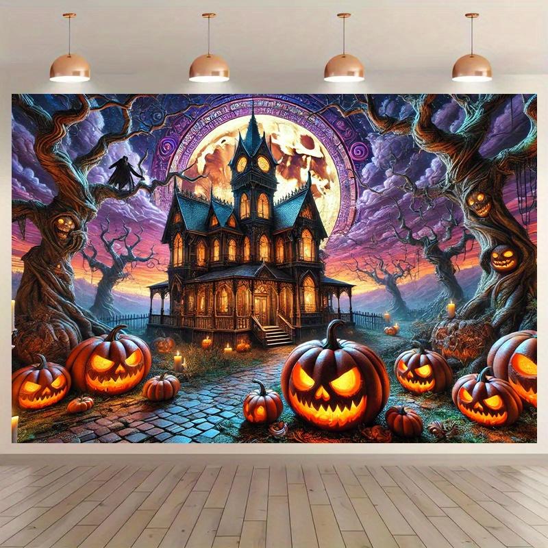 Background banner 1 piece dreamy scene background fabric wall decoration for haunted house and glowing pumpkin lanterns