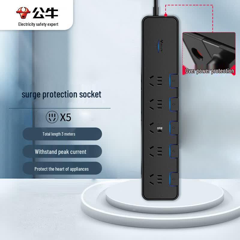 Bull 5-Outlet Power Strip with Individual Switches CN plug (adapter included)