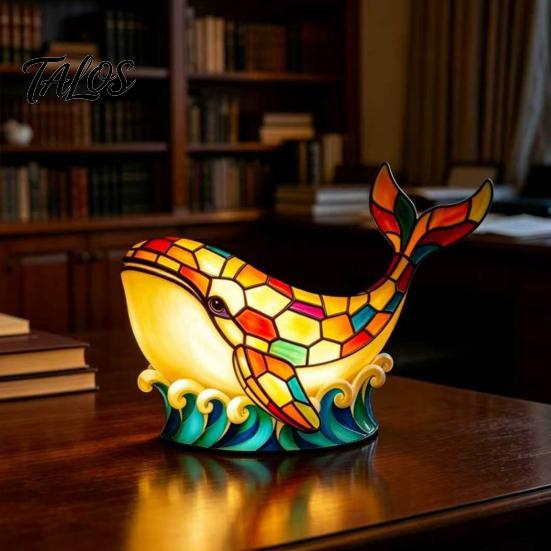 Kids Room Night Light Stained Glass Whale Light, USB Multicolor Table Lamp, Bedroom Ambiance Decorative LED Desk for Home Office Lamp