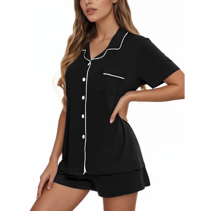 Women's Short-Sleeve Pajama Set with Collar and Loose-Fitting Casual Shorts—Outerwear-Style Loungewear Set