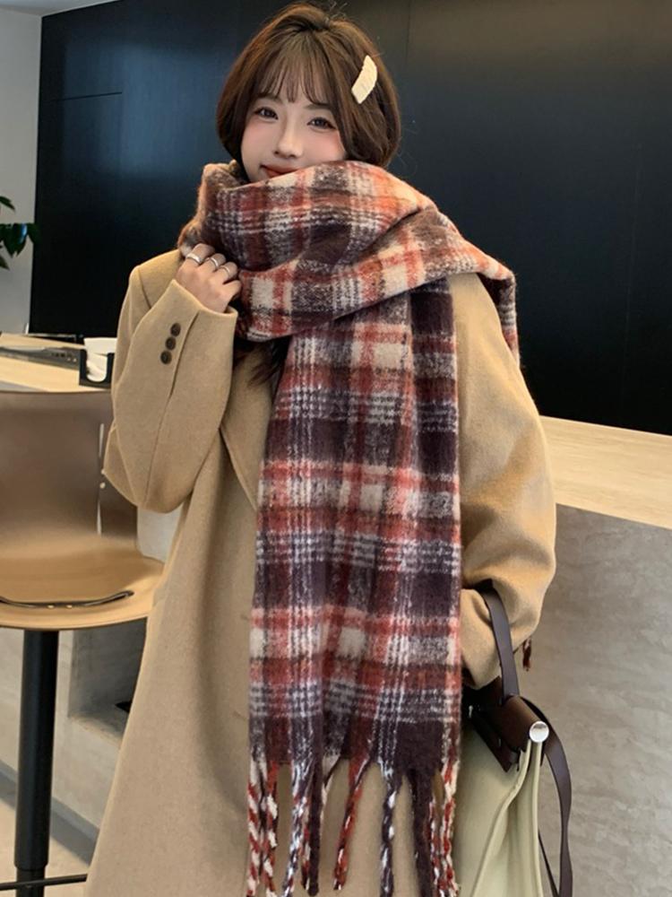 Women Winter Knit Scarf Headscarf Lady Preppy Retro Plaid Print Tassel Warm Scarve Foulard Wrap Shawl Fashion Casual New Korean