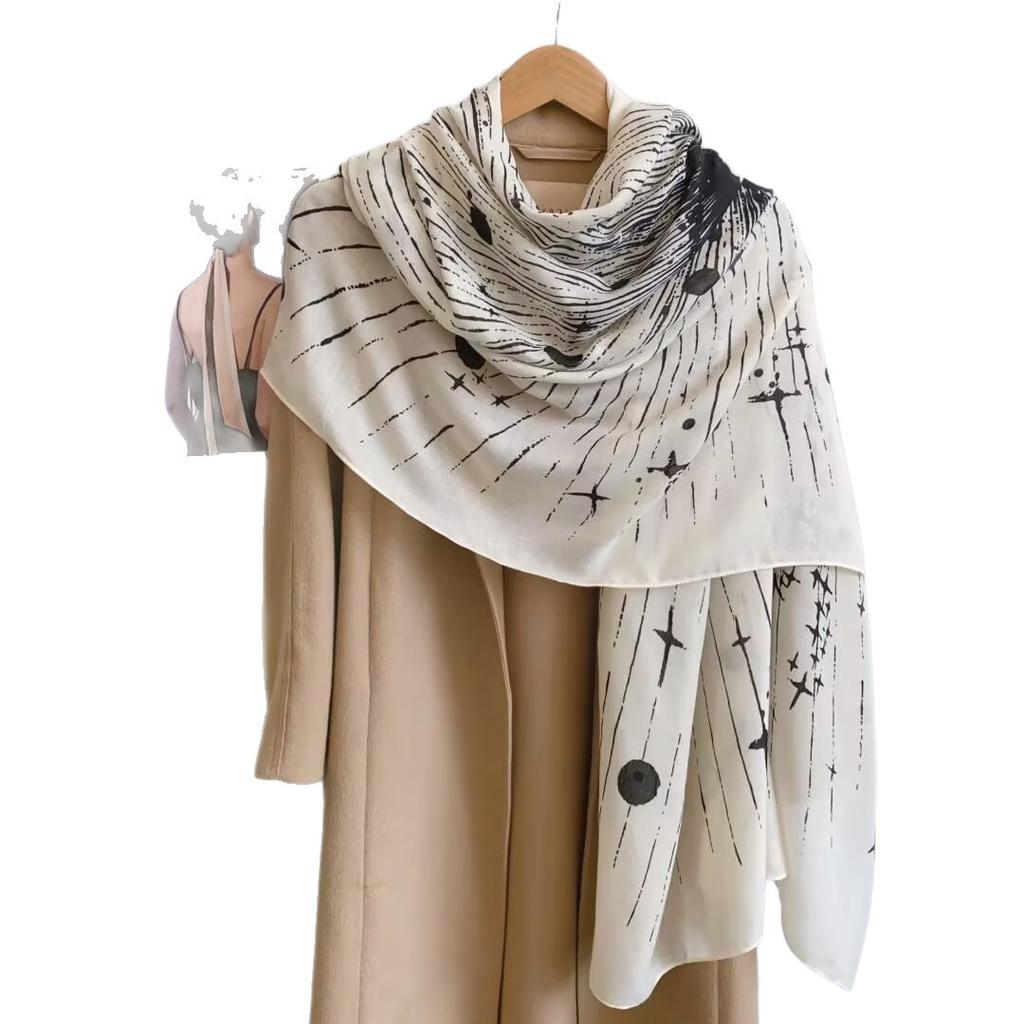 Korean version of ink painting, star light printing, thin shawl for women, light luxury vacation, sun protection, air-conditioned room, silk scarf,