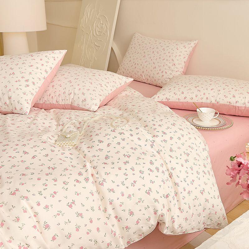 Fashion Floral Duvet Cover Set with Flat Sheet Pillowcase No Filler Girls Twin Full Queen Size Korean Soft Bedding Set
