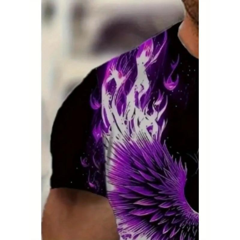 Men's Purple Phoenix 3D Flame Printed T-Shirt Casual Short Sleeve Crewneck Top Cool Mythical Bird Graphic Tee Trendy Harajuku Streetwear Clothes