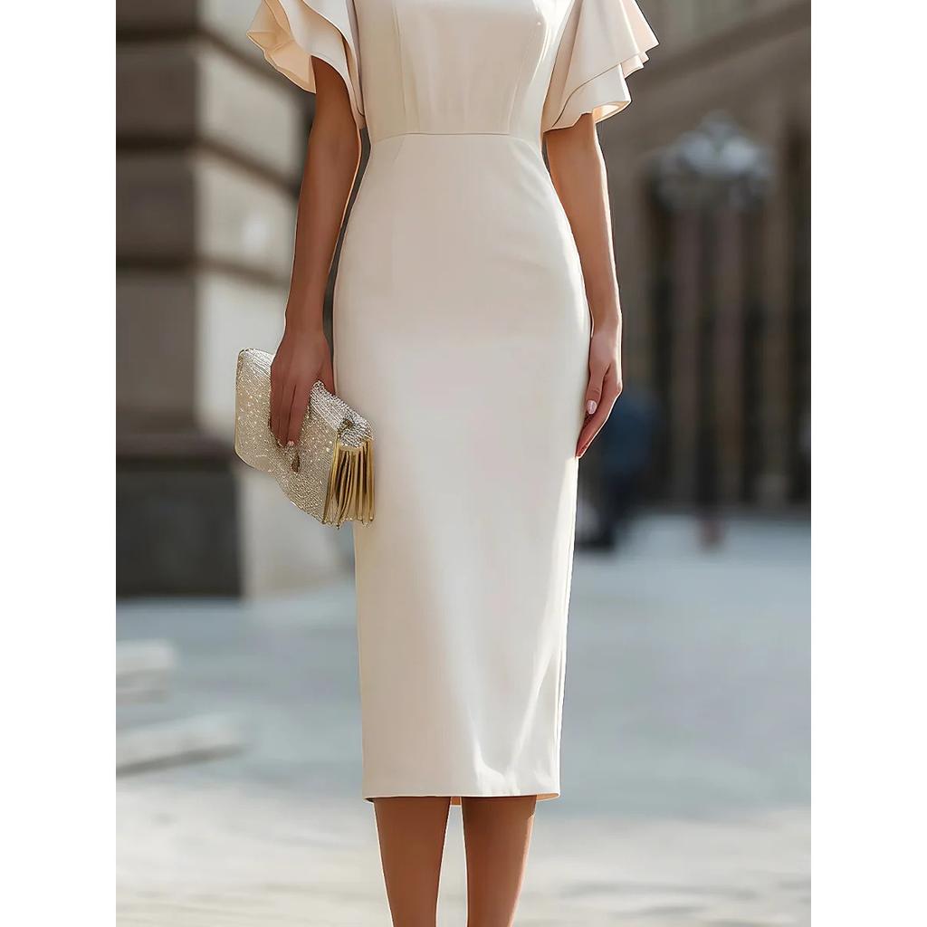 Robe Fourreau Élégante à Manches Volants 2026 pour Femmes, Robe Midi Bodycon à Col Rond Coupe Ajustée, Tenue Formelle pour le Bureau et les Soirées Cocktail
