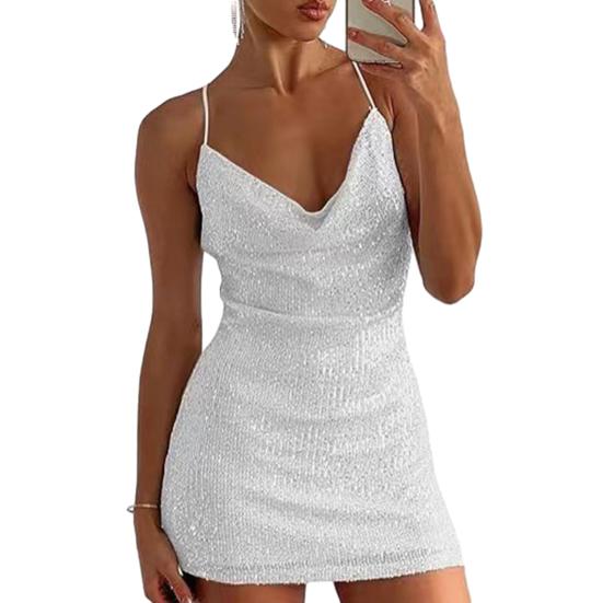 Damenkleid mit V-Ausschnitt, Spaghettiträger, glänzende Pailletten, rückenfrei, weich, ärmellos, schmale Passform, über dem Knie, Länge, Party, Club, Minikleid