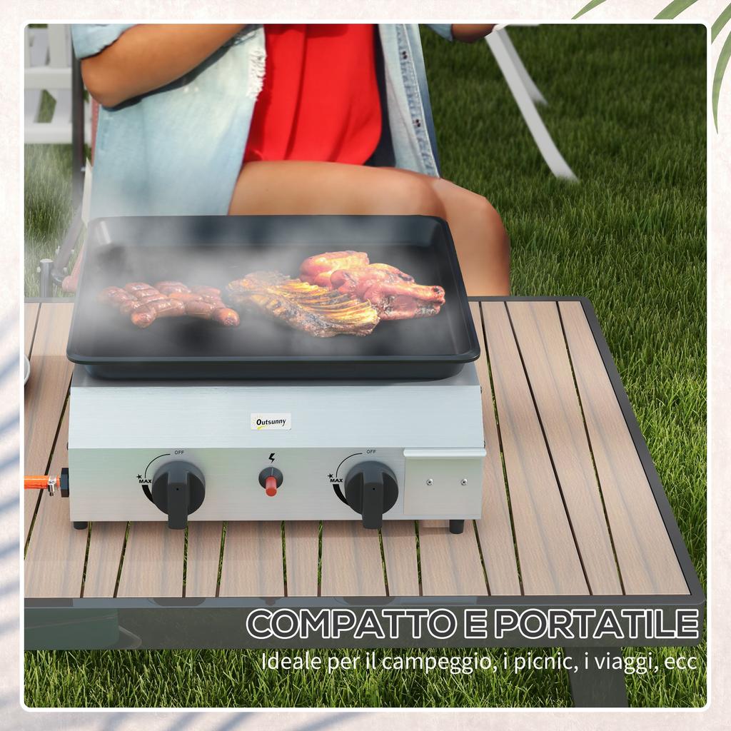 Gas Barbecue Griddle with 2 Burners, Non-Stick Top and 4.8kw Power, Silver