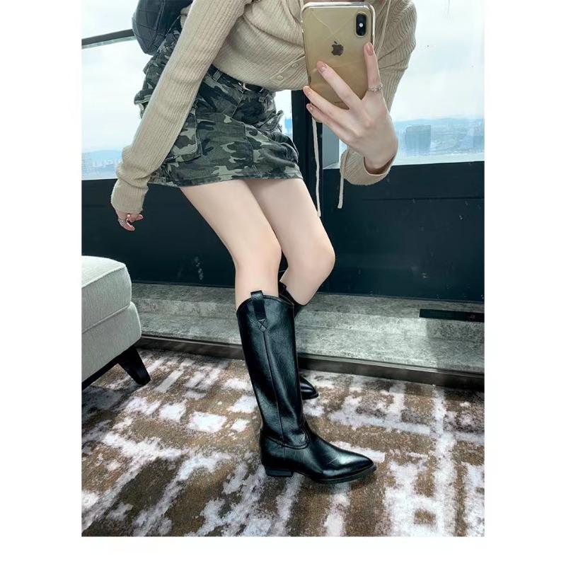 Cowhide~ V-mouth But Knee-high Boots Pointed Western Boots Leather Knight Boots Women's Boots