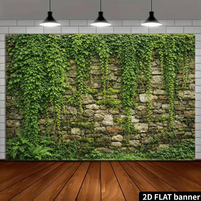 Natural Rustic Cobblestone Wall Lush Greenery Photo Background