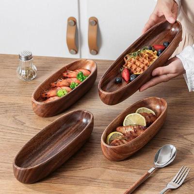 Kreativní oválný talíř z masivního dřeva Restaurace pro domácnost Ovocný talíř ve tvaru lodi Svačiny Salát Dřevěná mísa Talíř na sushi