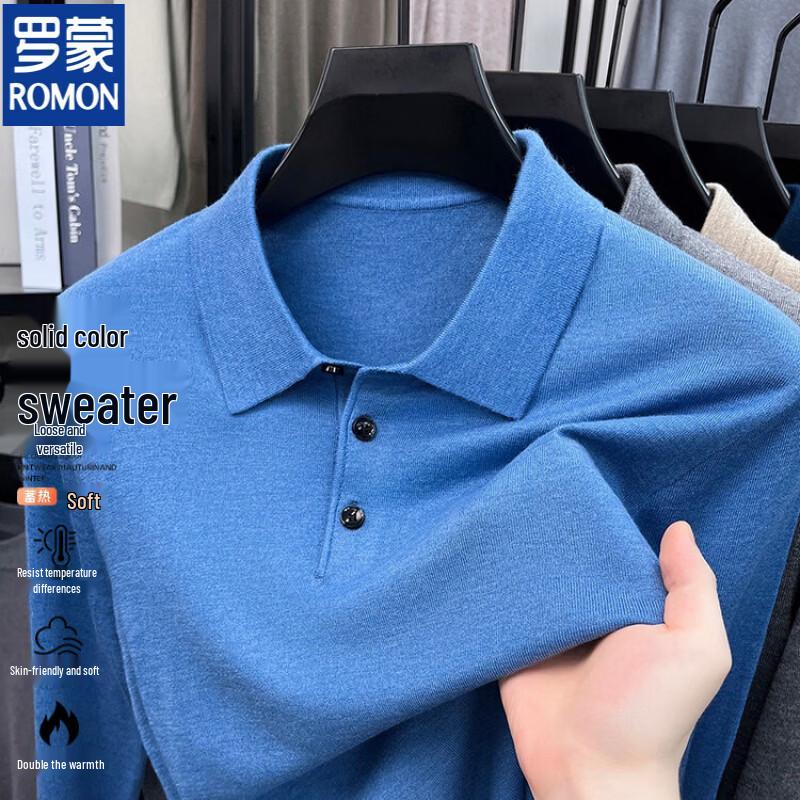 ROMON Men's Casual Long-Sleeve Knit Polo Sweater