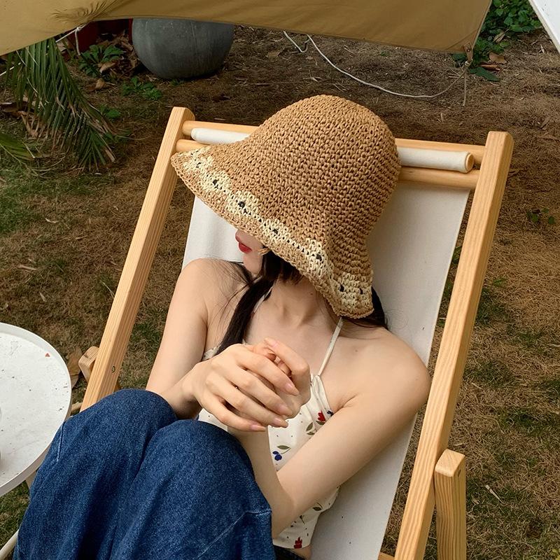 

Женская летняя шляпа с широкими полями из соломы, ручной работы, с цветочным декором, для улицы, для отпуска, пляжная шляпа, защита от солнца, УФ-защита, шляпа от солнца one size хаки